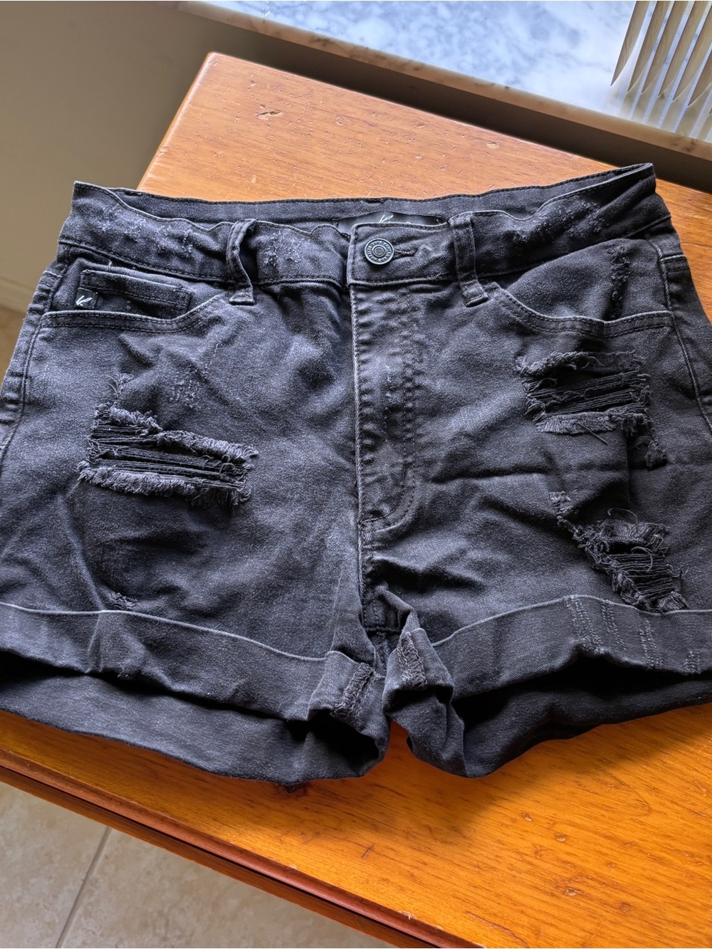 KanCan Black Distressed Cuffed Denim Shorts